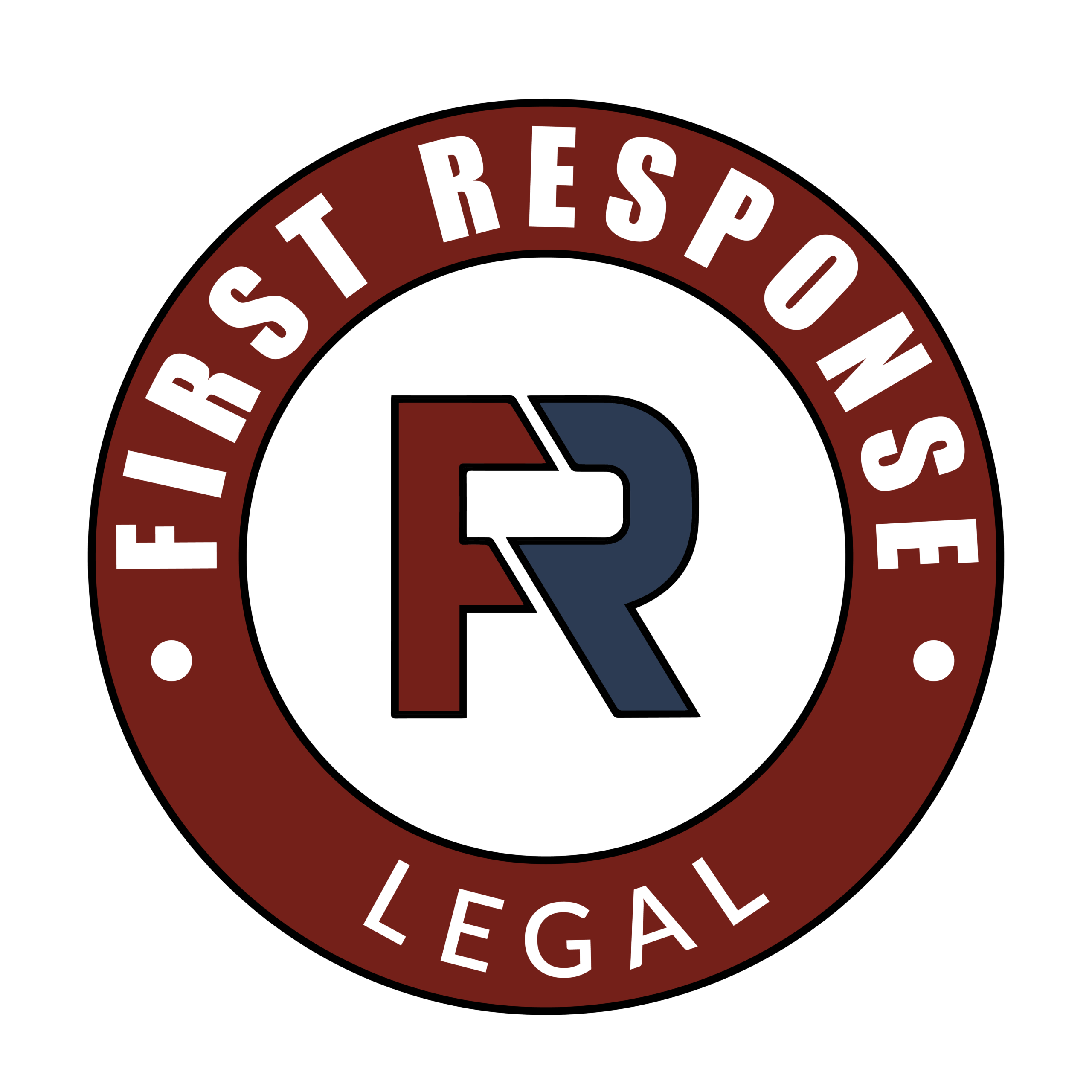 First Response Legal logo featuring the initials "FR" in blue and maroon, surrounded by the firm’s name in white text on a circular red background, representing legal services in family law and estate planning.