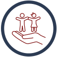 Icon representing child custody services, featuring a hand supporting two children, symbolizing care and protection in family law matters.