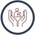 Icon depicting hands cradling a child, symbolizing child support and family law services offered by First Response Legal.