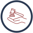 Icon of a gavel resting on a hand, symbolizing legal guidance and representation in family law and estate planning for front-line workers.